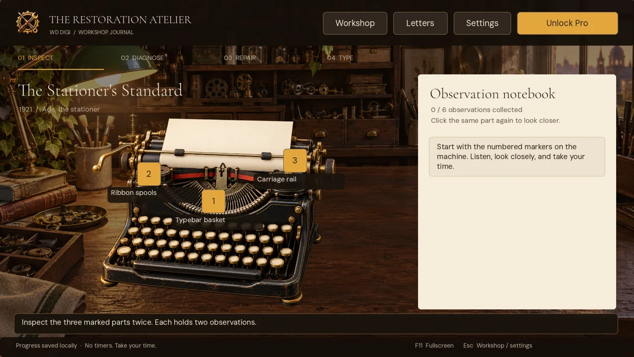 Inspection screen with a typewriter and observation notes