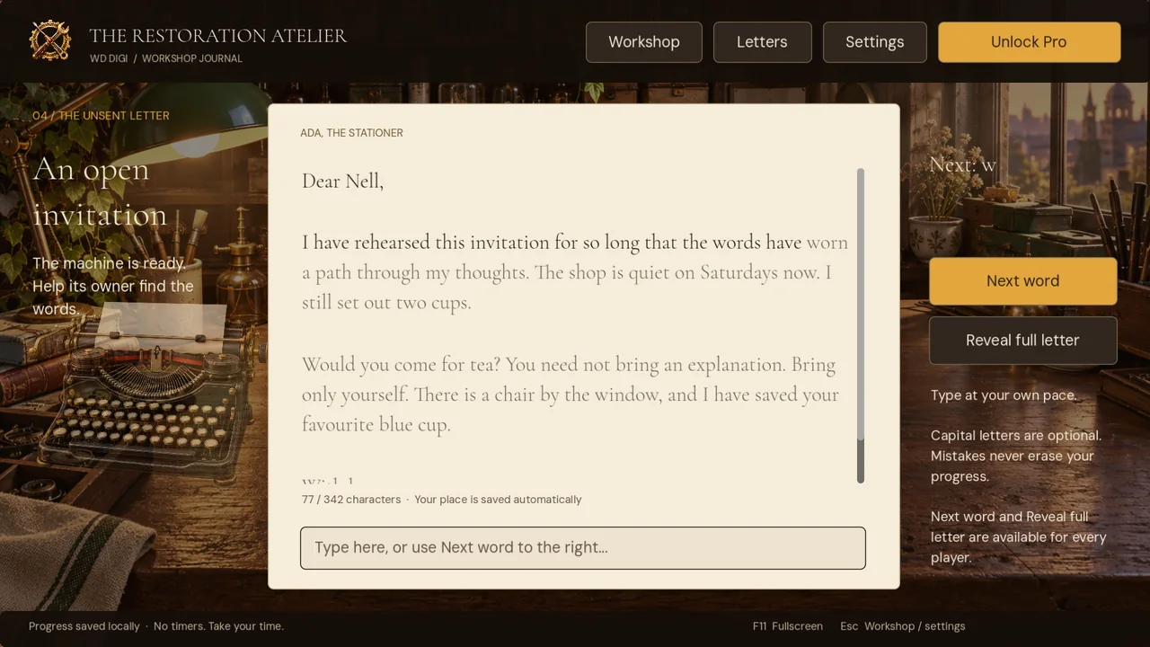 Letter typing screen with next-word and reveal assistance