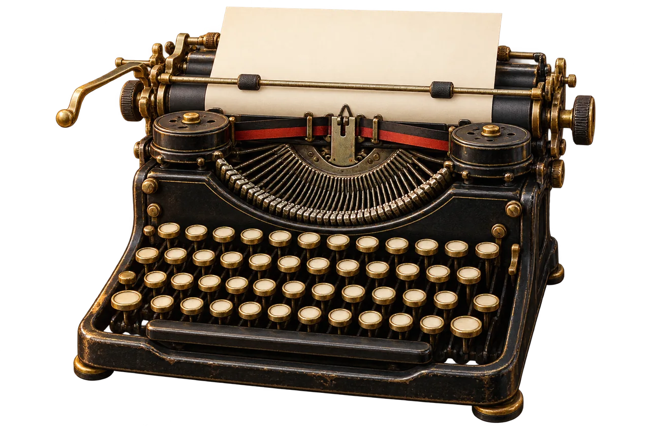 An antique black typewriter with brass details and a blank letter